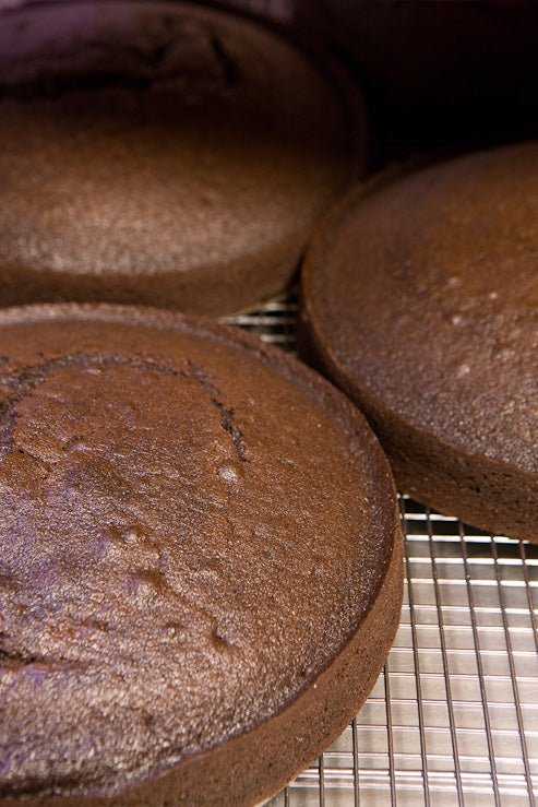 
                  
                    Fresh baked layer of our chocolate layer cake sitting on a cooling rack
                  
                